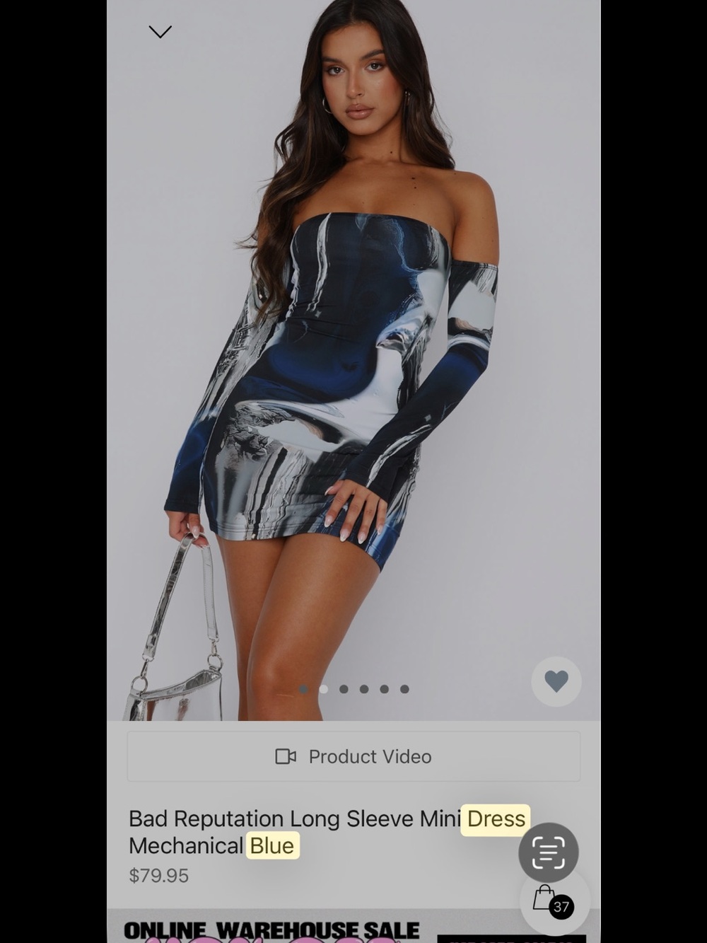 WhiteFox Off-Shoulder Abstract Print Bodycon Dress in Navy and Black - Picture 2 of 3